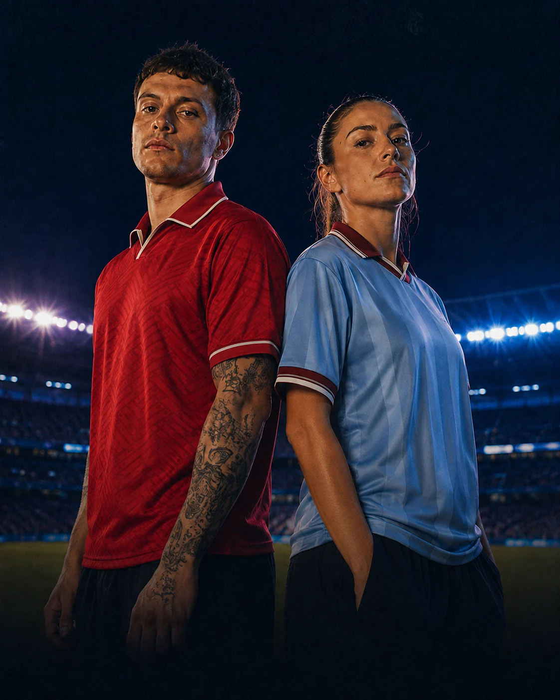 Two football shirt collectors standing back-to-back beneath stadium lights.