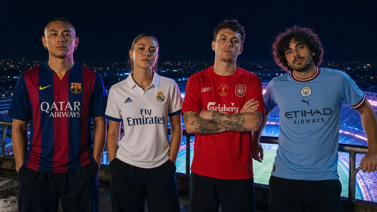Four people on a stadium top deck at night in the Barcelona 2014/15, Real Madrid 2016/17, Liverpool 2004/05 and Manchester City 2022/23 home shirts, a floodlit pitch glowing below.