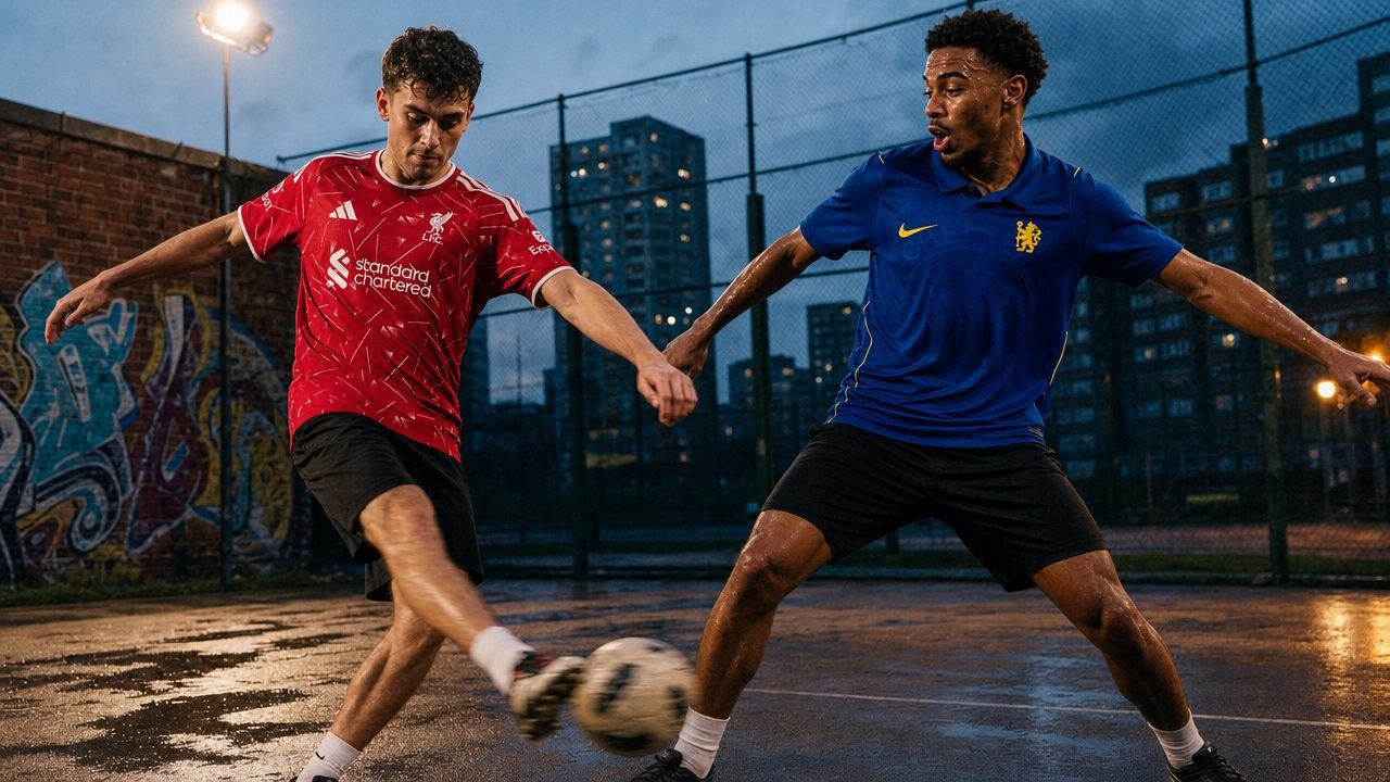 Two players on a floodlit cage court at dusk, one striking a ball in the red Liverpool 26/27 home shirt, the other in the blue Chelsea 26/27 home shirt.