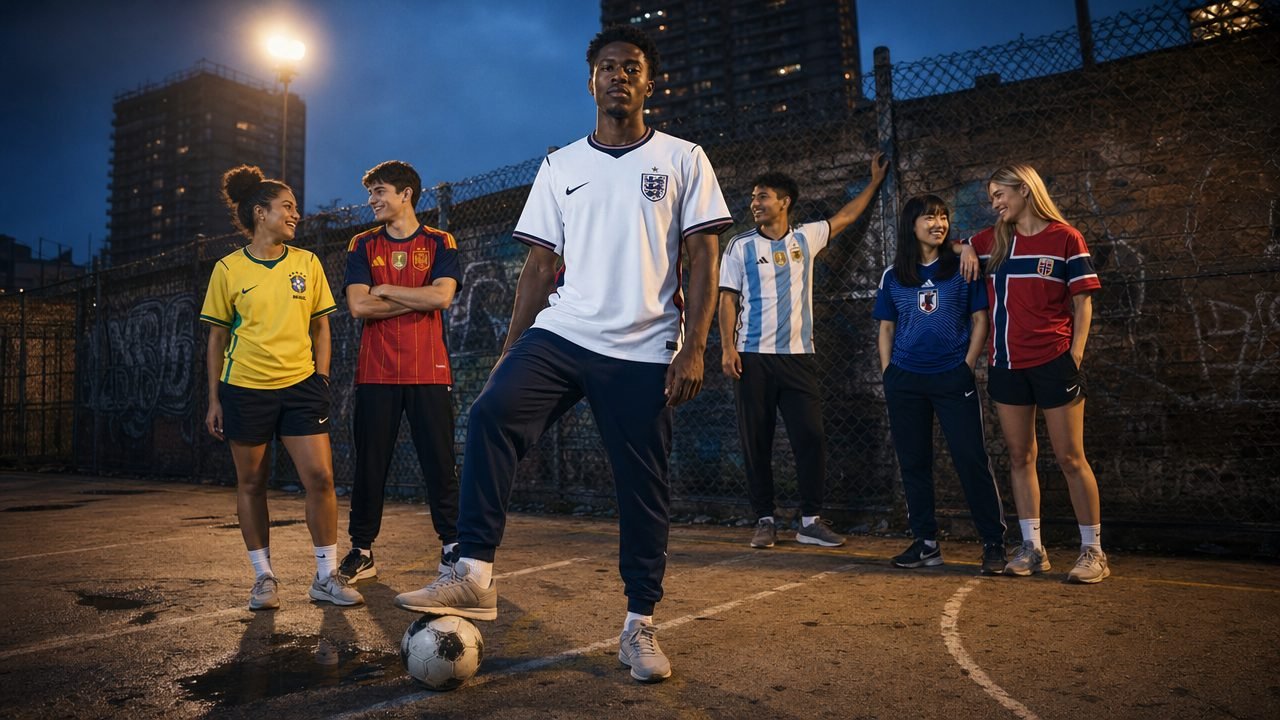 Six people on a floodlit cage football court in England, Brazil, Spain, Argentina, Japan and Norway shirts, the England shirt front and centre.