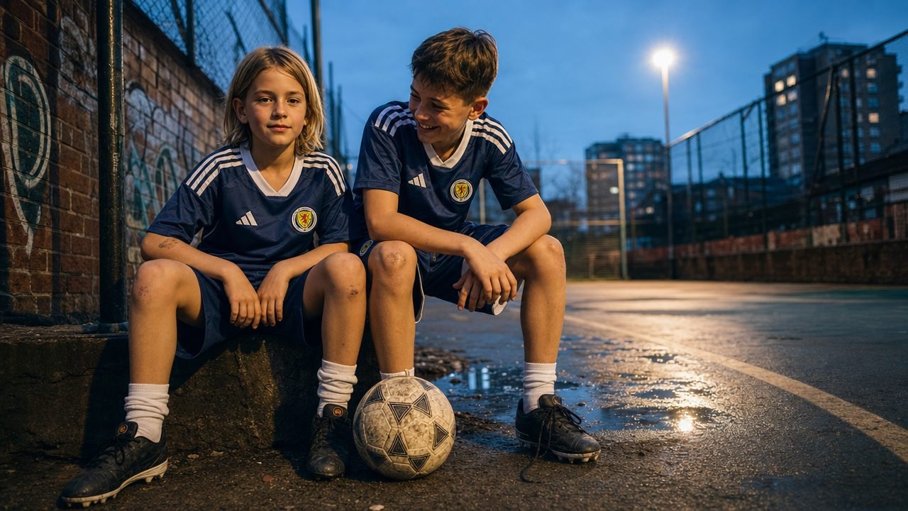 Two children in the navy Scotland 2026 kids kit sitting on a kerb beside a scuffed ball at a floodlit cage court.
