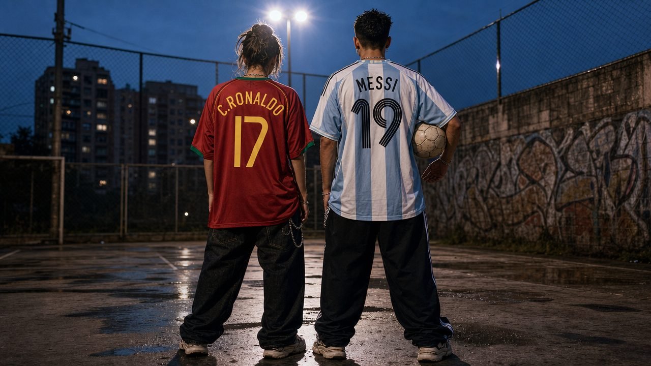 Two people seen from behind on a floodlit cage court, one in a Portugal 2006 shirt printed C.RONALDO 17, the other in an Argentina 2006 shirt printed MESSI 19.