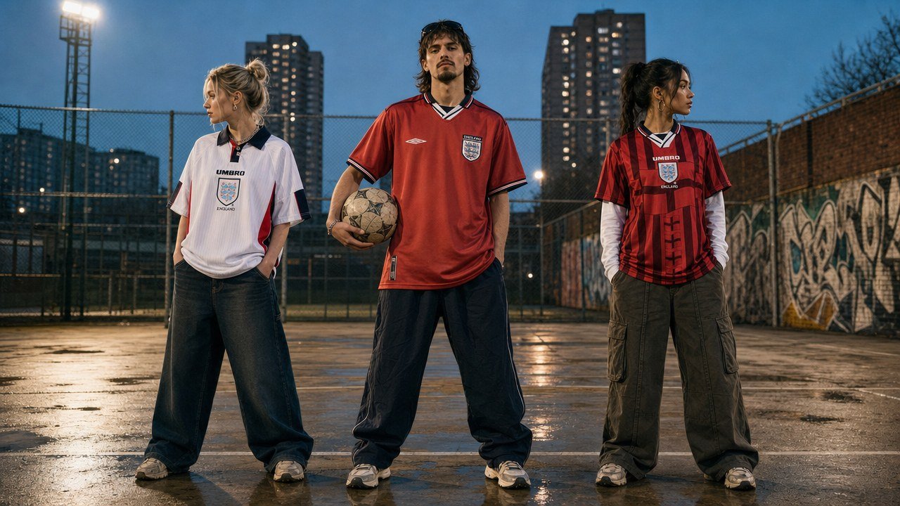 Three people on a floodlit cage court in England retro shirts &mdash; the white 1998 home, the red 1998 away and the silver 2002 away.