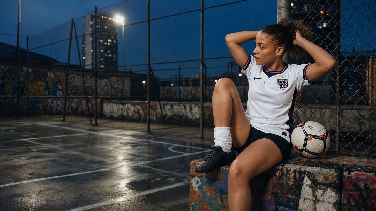 A woman in the white England 2026 women&rsquo;s home shirt sitting on a graffiti wall beside a floodlit cage court.